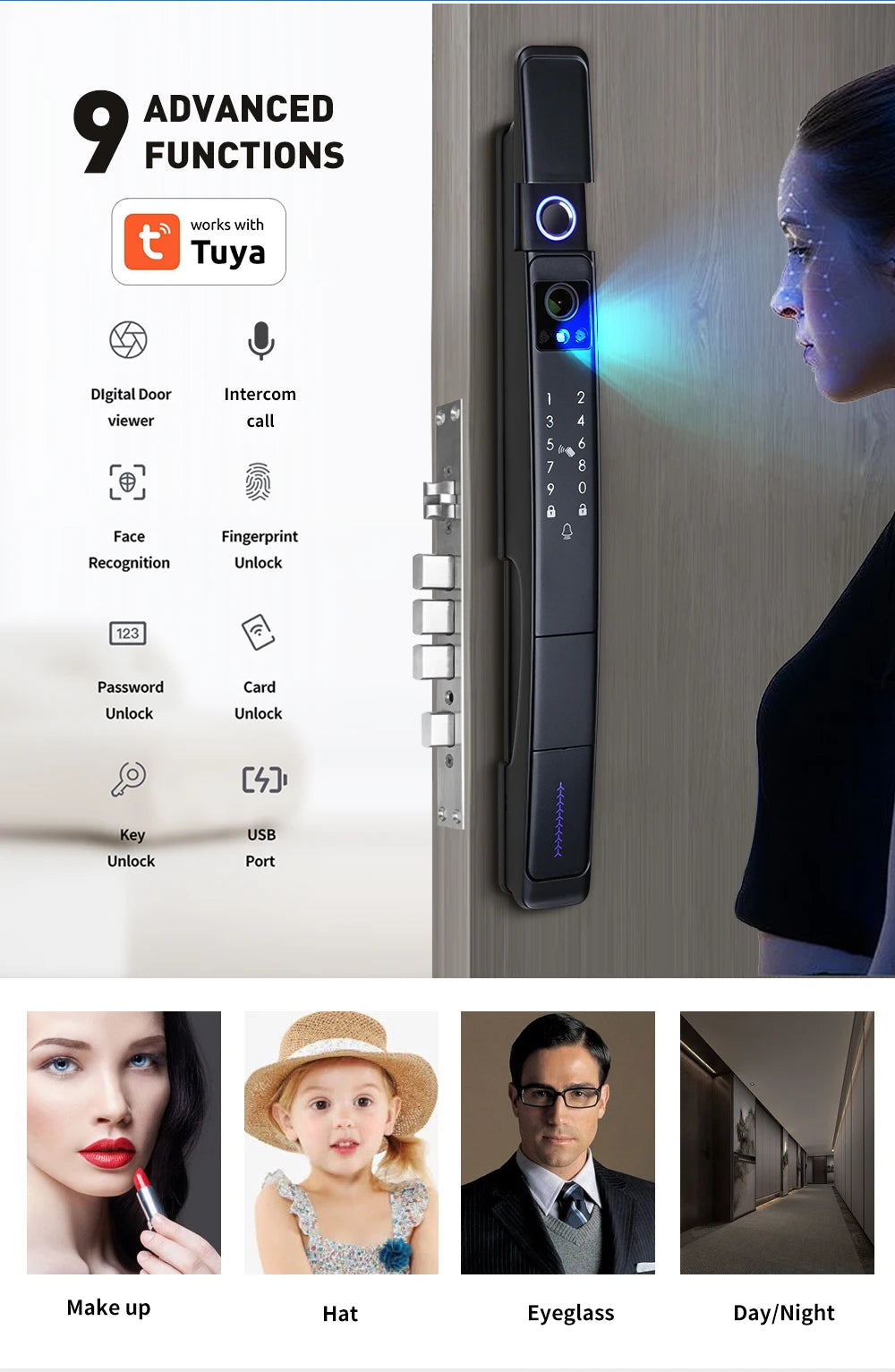 Smart Slim All Automatic Waterproof  3D Face Recognition Video Intercom Aluminum Door Lock