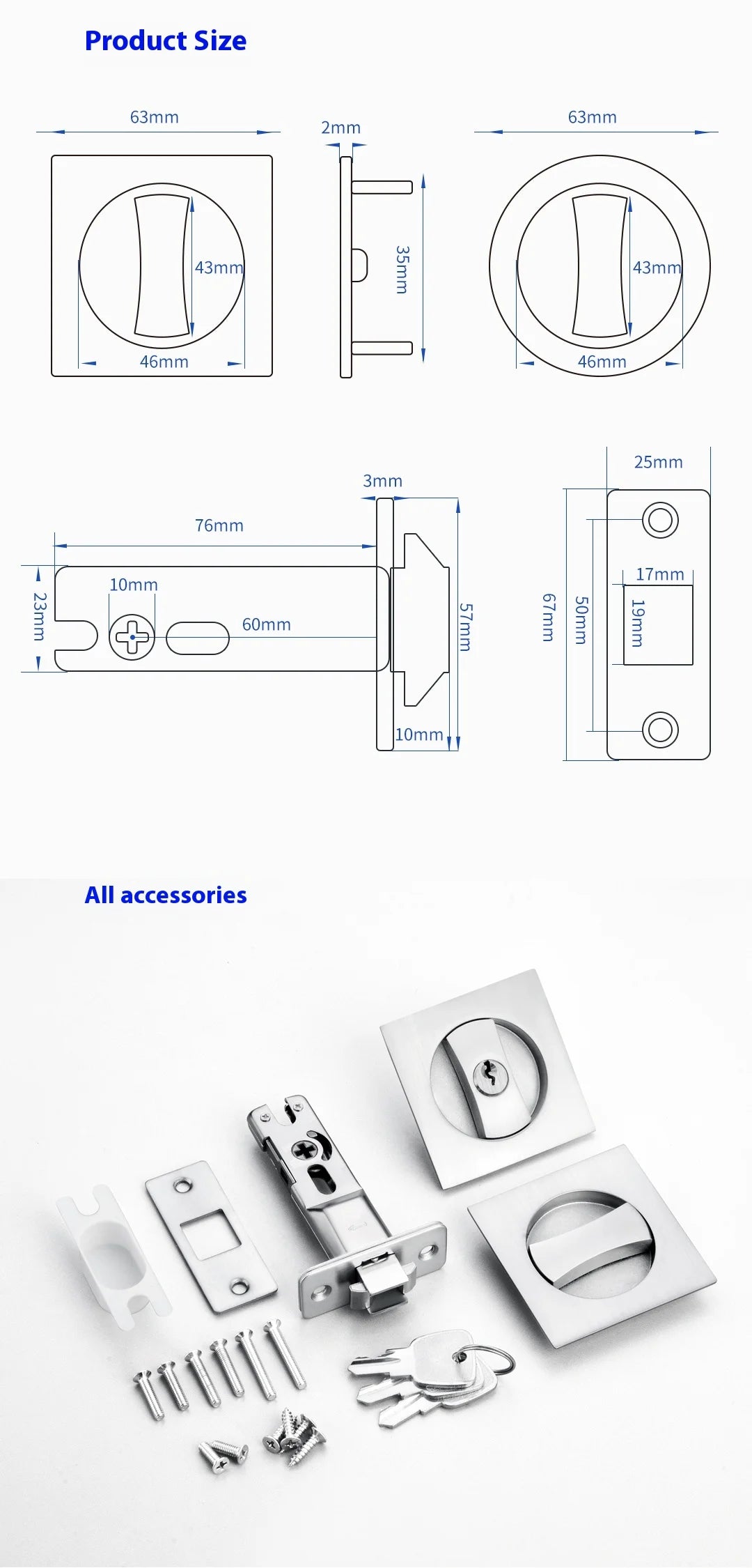 Slider door lock; square sliding door lock for home bedroom and bathroom with double hooks