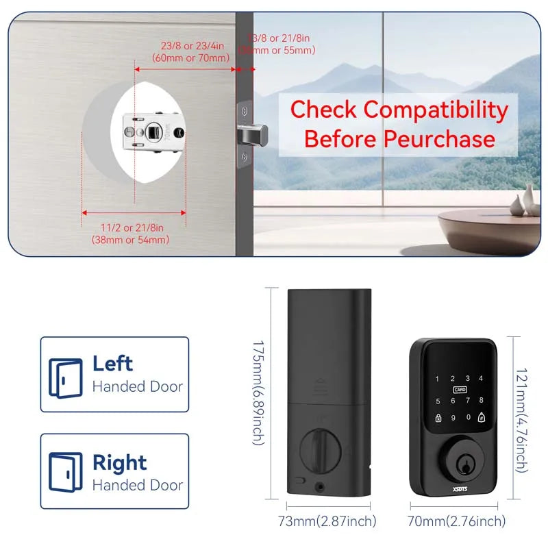 XSDTS Entry Smart Door Lock IC Card Key/Password/ Tuya Smartlife APP Unlock Front Door Smart Lock Deadbolt