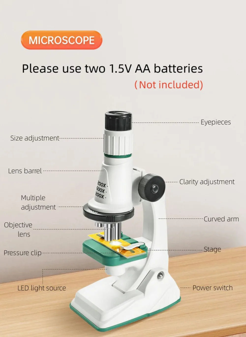 Microscope Portable 1200x HD Eyepiece Kids Science Education Experiment Exploration Set Gift Toys