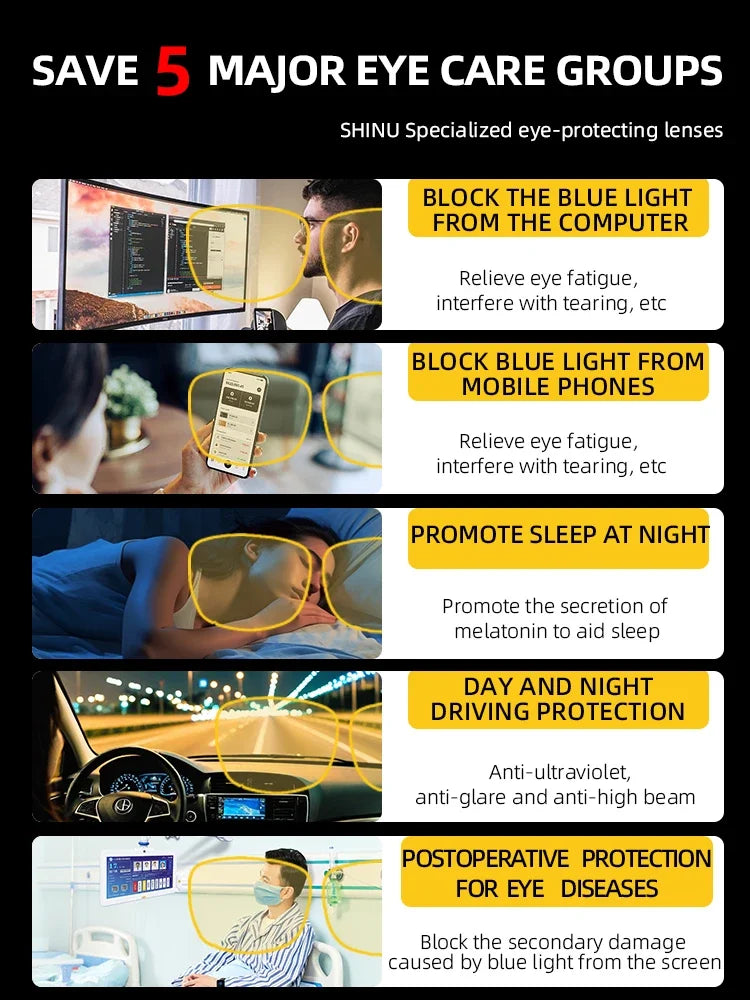 SHINU Myopia Night Vision Glasses Man Night Driving Glasses Women 80% Blocking Blue Light Lenses for Office Working TR90 Eyewear