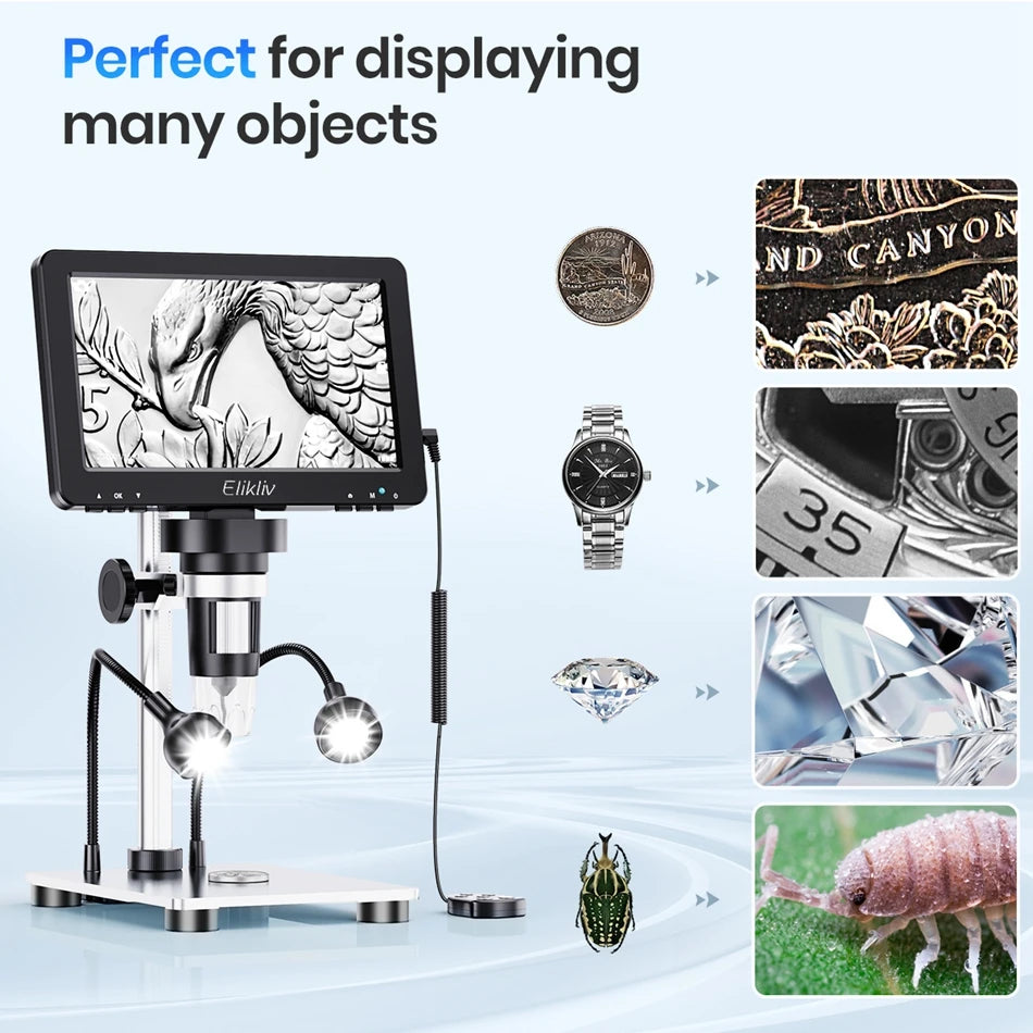 Elikliv EDM9 7 Inch 1080P LCD Digital Microscope 50X-1200X Soldering Electronics Microscopes With LED Lights Support PC Computer