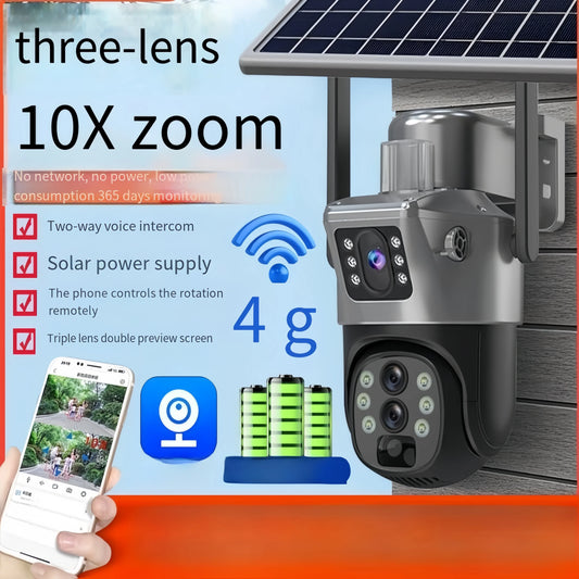 Wireless outdoor solar security camera, 1080P HD night vision 3 lens dual picture, IP65 waterproof, wireless monitor