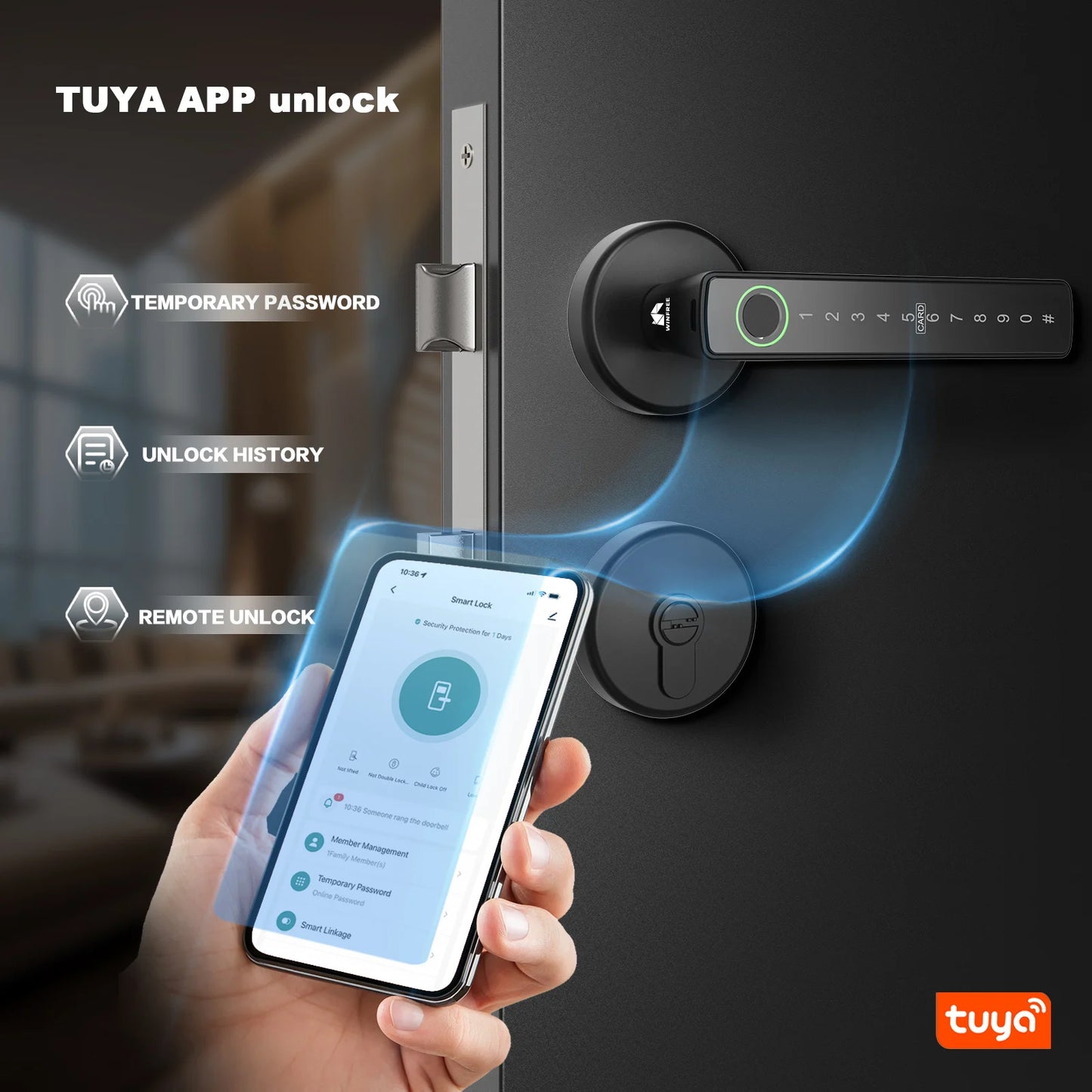 WINFREE SMART Interior Wooden Door Lock, Tuya Bluetooth Smart Key Lock, Smart Card Passcode Fingerprint Keyless Lock