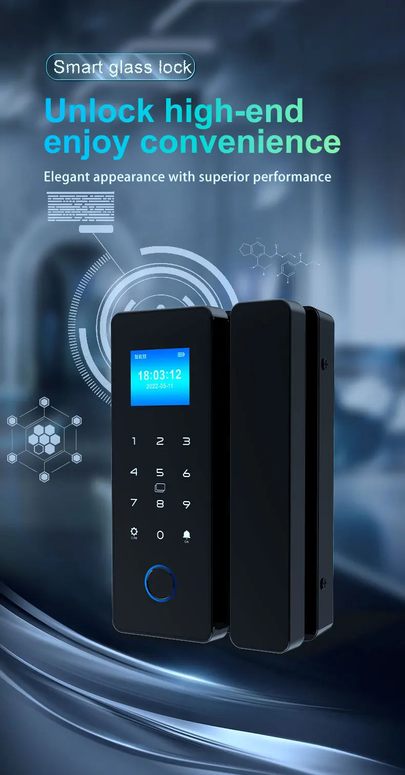 IP65 Bluetooth Smart Glass Door Lock with HAHALock App - Fingerprint/RFID/IC Card Access, Dual Hook Lock & Attendance Tracking