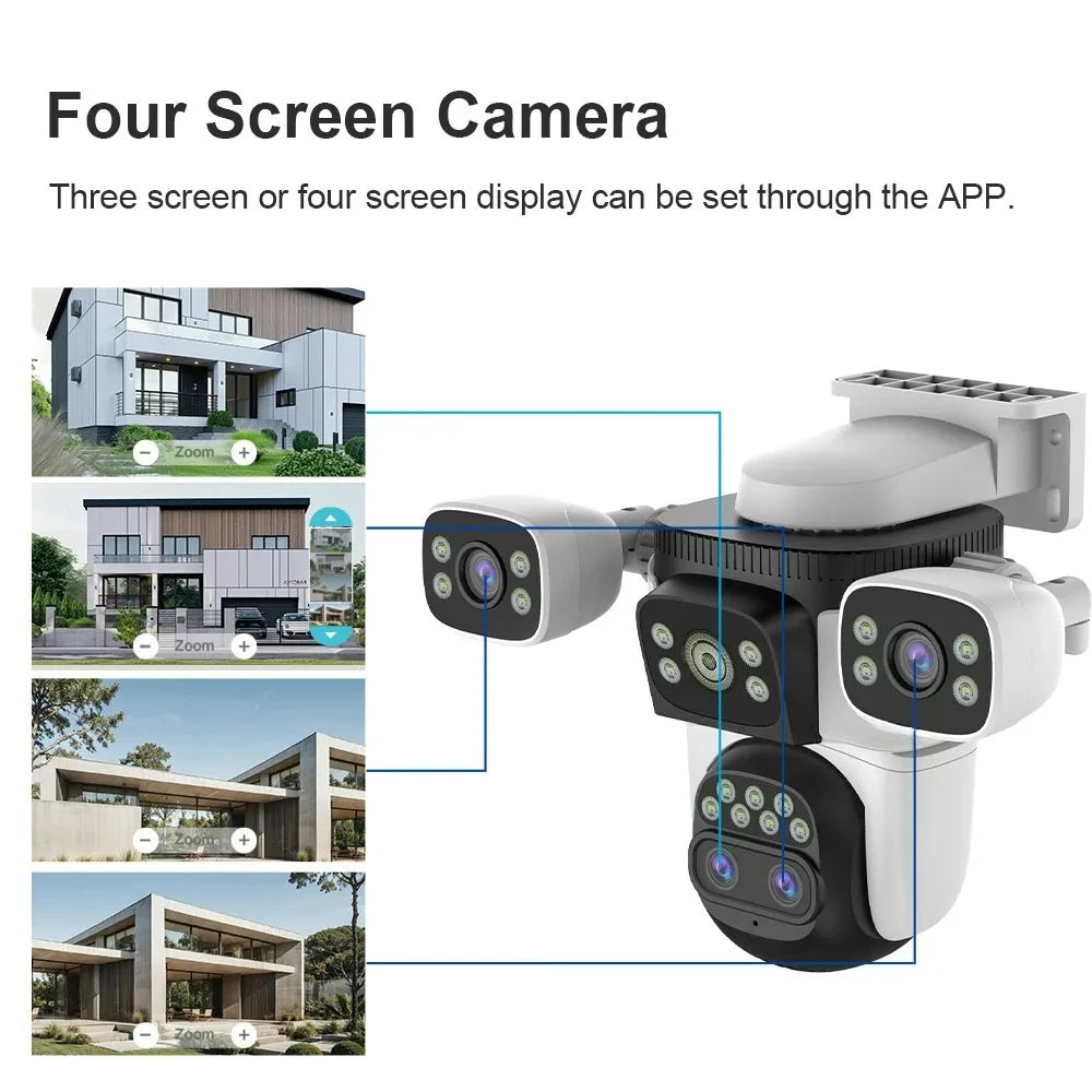 10K Home Security WiFi Camera Four Len Four Screen 360° 10X Zoom CCTV 20MP Wireless Surveillance IP Cam Security Dual Lens Cam