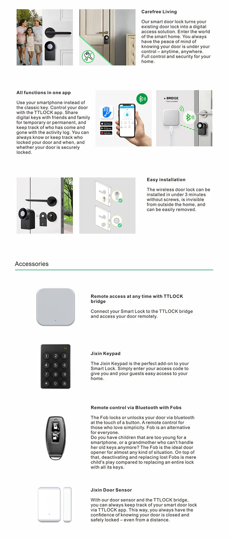 Smart Door Lock with Tuya App Aluminum Bluetooth Smartlock for Glass Aluminum and Wood Door Smartphone Compatible