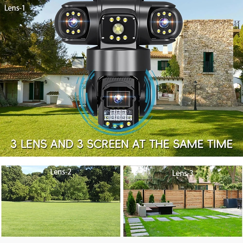 Security WiFi IP Camera Outdoor 12MP 6K Triple Lens Security Video Monitor Night Vision Wireless Cameras Motion Detection Alert