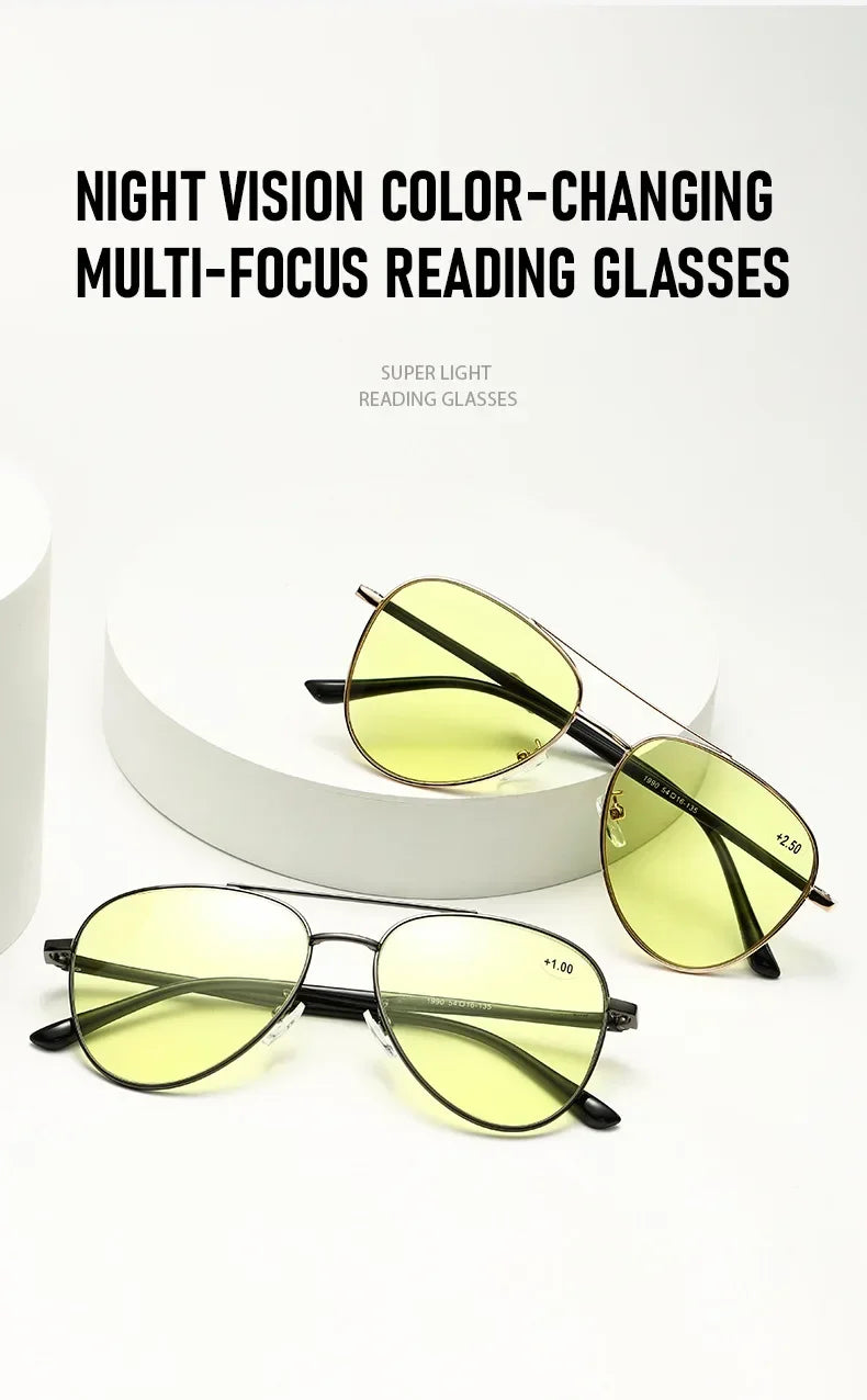 Retro Double Beam Large Frame Presbyopia Glasses Night Vision Photochromic Multifocal Reading Glasses Anti Blue Light Eyeglasses