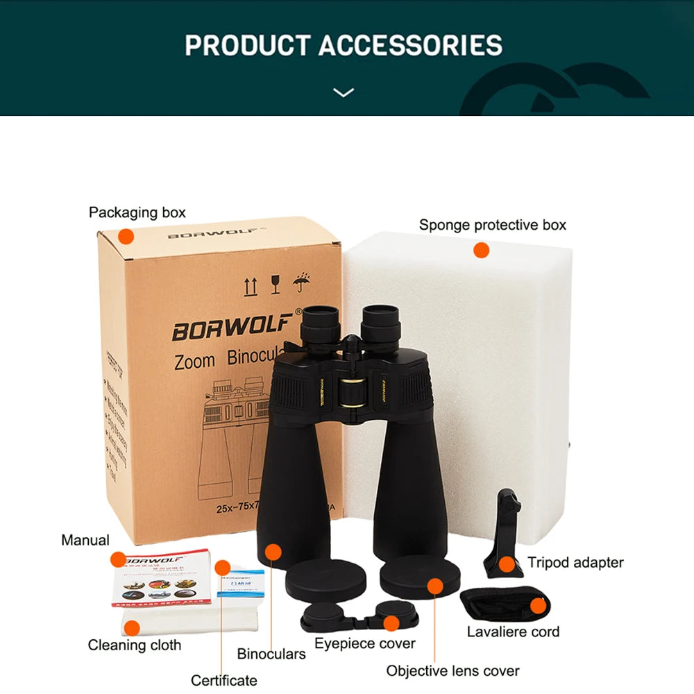 BORWOLF Large Objective lens 25-75X70 Binoculars  FMC Optical  High Power Hunting Birdwatching Telescope Light night vision