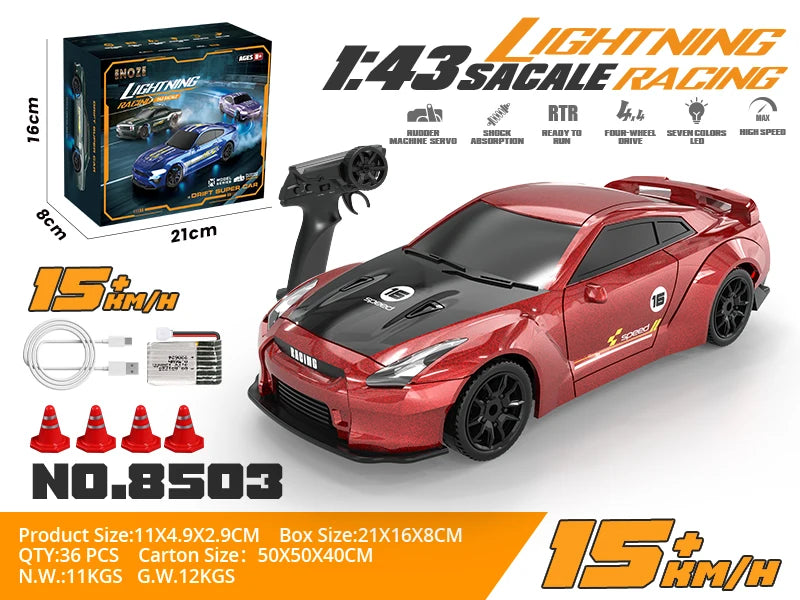 1/43 RC Cars LED Light 2.4G Radio Remote Control Sports Cars For Children Racing High Speed Drive Vehicle Drifts Boys Girls Toys