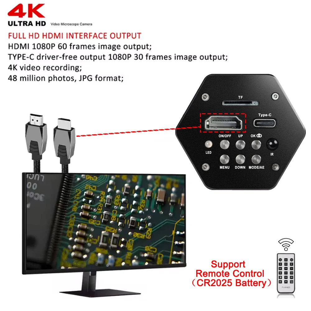 4K Microscope 48MP Digital Microscope For Electronics USB Industrial Cameras HDMI 1-180X Zoom C-Mount Lens Phone Pcb Soldering