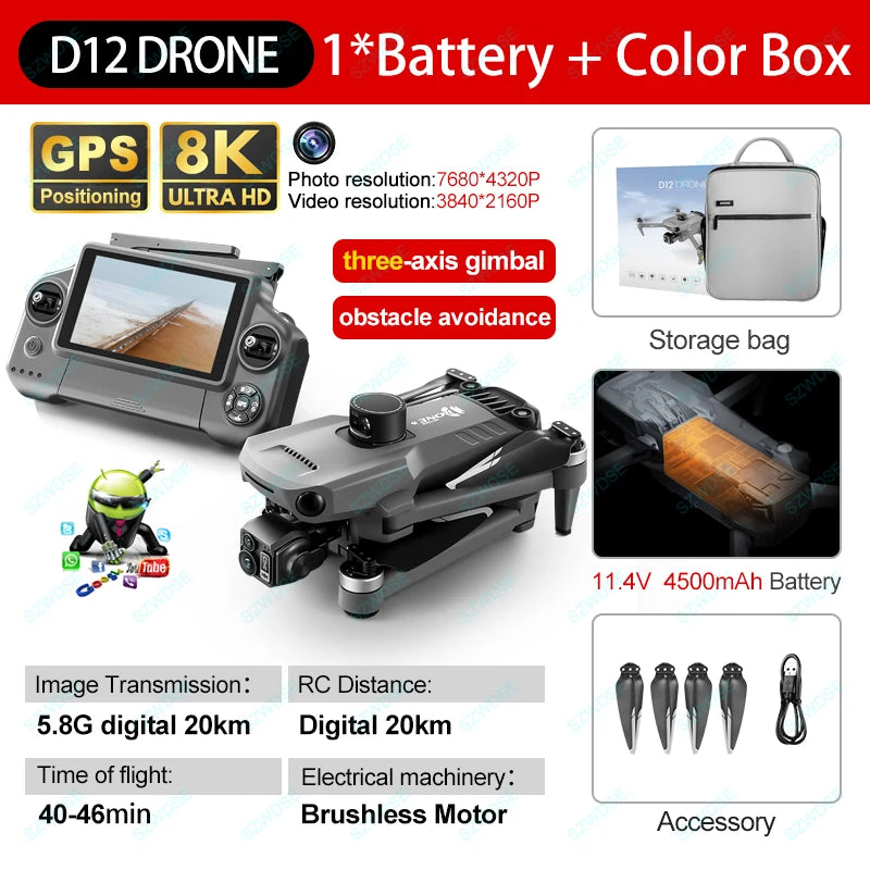 ZLL D12 Drone With 8K HD Camera Screen Remote GPS 360° Obstacle Avoidance 5G Wifi FPV Brushless Motor RC Dron Load capacity 500g