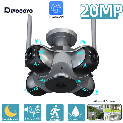 4 Lens 4  Screens Wiif Security Camera Outdoor Color Night Vision 4K 20MP Panoramic View Wireless CCTV Video Surveillance Camera