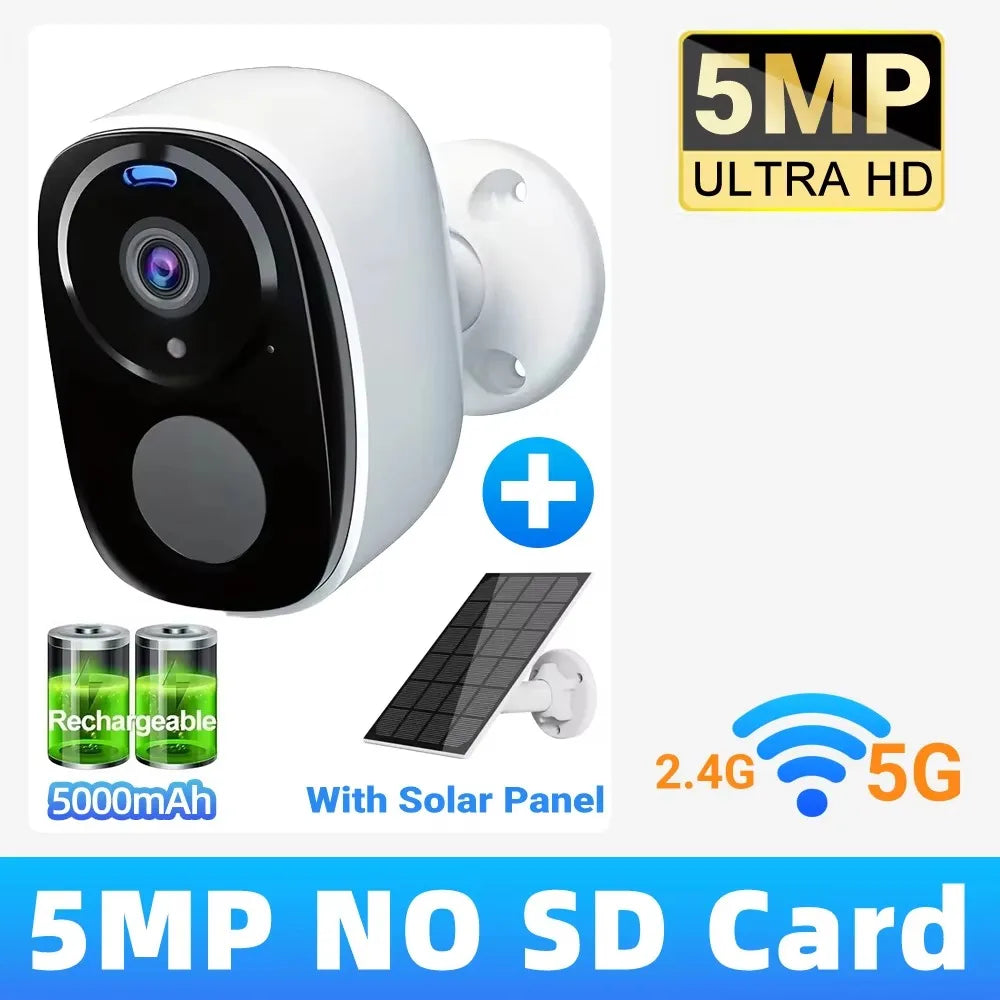 2K 5MP Solar Security Camera Wireless Outdoor Color Night Vision Battery Powered Support 5G WiFi, PIR, Waterproof, Two-Way Alexa