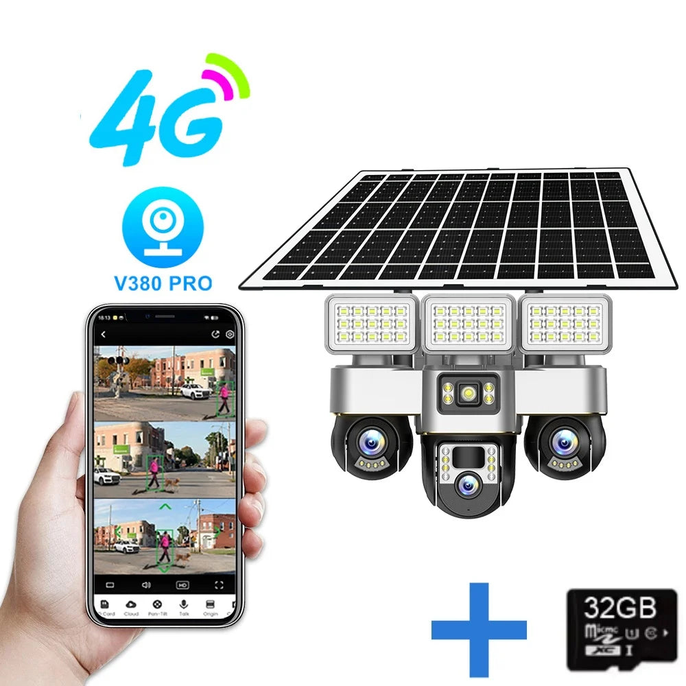Solar Cameras 4G 15MP Three PTZs Len PIR Human Tracking Security CCTV Surveillance IP Camera PTZs control Wifi security cameras