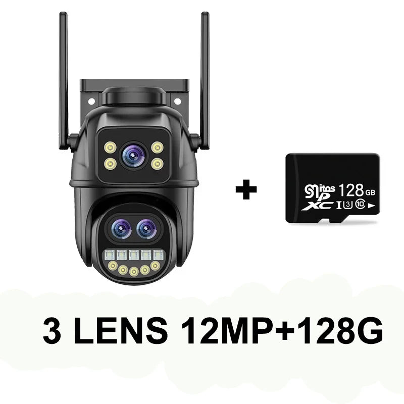 6K 12MP ICSEE Wifi Security Camera 3 Lens Dual Screen 8X Zoom Outdoor Waterproof Color Night Vision IP66 Surveillance Camera
