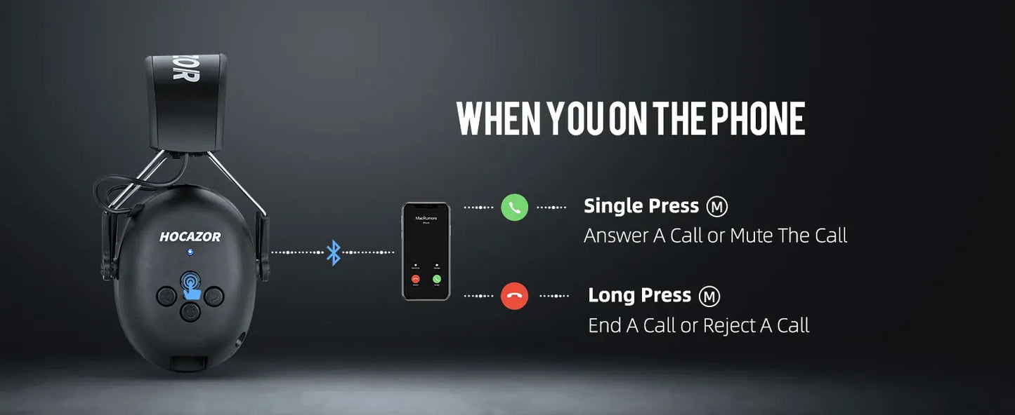 HOCAZOR Electronic Hearing Protection Bluetooth 5.3 Music Headphones for Mowing Noise Cancelling Earmuffs Security Protecter