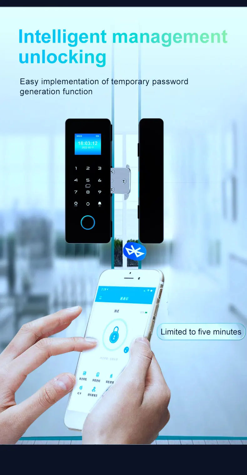 IP65 Bluetooth Smart Glass Door Lock with HAHALock App - Fingerprint/RFID/IC Card Access, Dual Hook Lock & Attendance Tracking