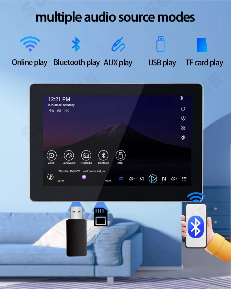 Smart home audio system 7 inch touch screen in wall amplifier WIFI Bluetooths sound music player ALEXA control panel Stereo Amp