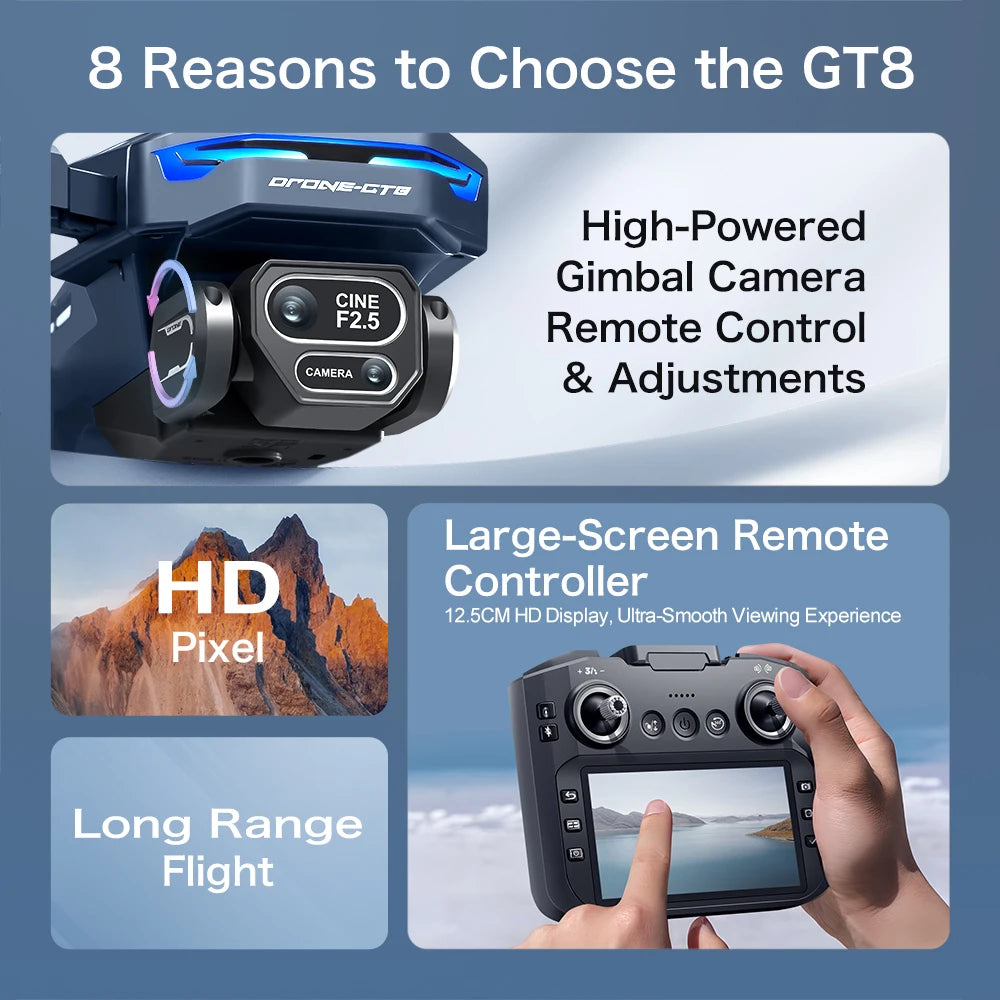 2025 NEW GT8  Rc Drone 8K Profesional HD Dual Camera With Screen FPV WIFI Brushless Motor Obstacle Avoidance FPV Quadcopter Toys