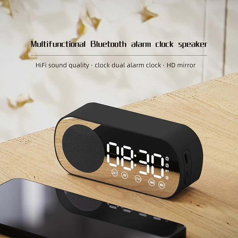 Alarm Clock Bluetooth Speaker, Digital Alarm Clock Radio with LED Mirror Display, Loud Alarm Clock for Heavy Sleepers