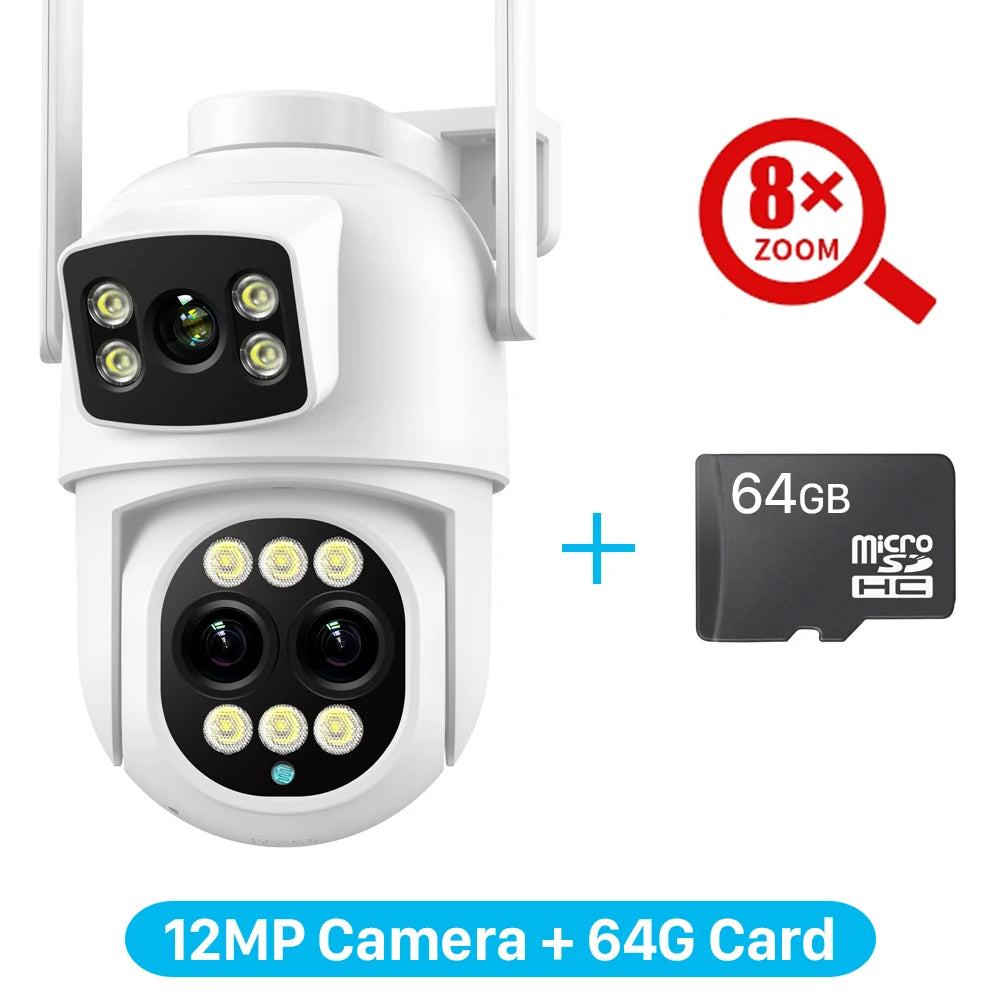 6K 12MP Security Camera 8X Zoom Three Lens Dual Screen Outdoor WiFi Home Protection IP Cam PTZ CCTV Video Surveillance Icsee