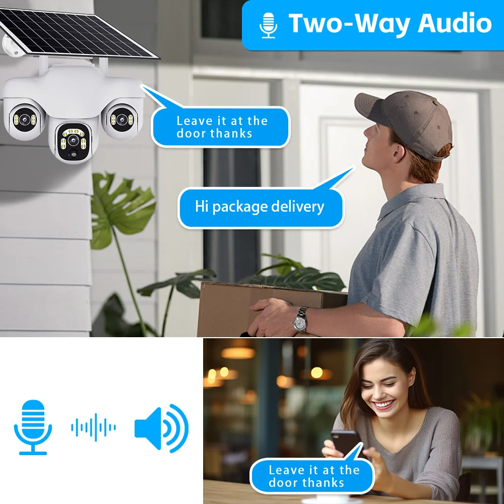 Home Security 4G IP Solar Camera Triple Screen 360°PTZ 10x Zoom CCTV 15MP Wireless Surveillance Security Protection IP Camera