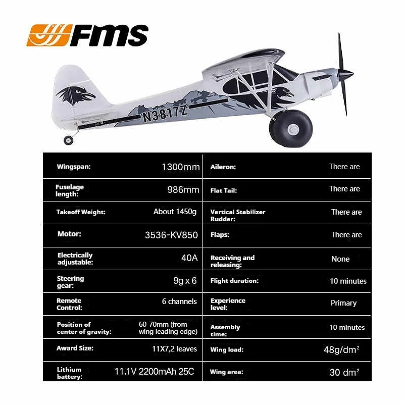 FMS Remote Control Model Plane 1300MM 1.3M PA-18 J3 Piper Super Cub RC Airplane PNP Trainer Electric Aircraft Outdoor Sports