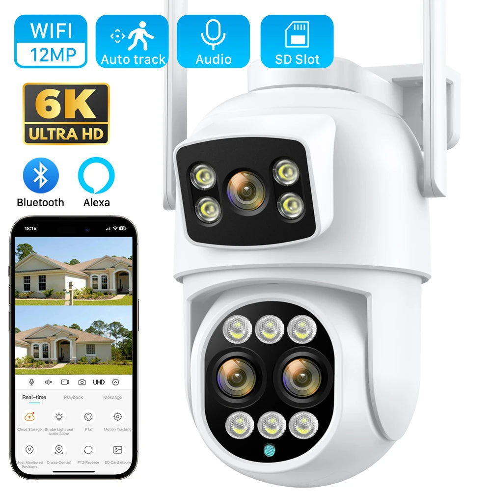 6K 12MP Security Camera 8X Zoom Three Lens Dual Screen Outdoor WiFi Home Protection IP Cam PTZ CCTV Video Surveillance Icsee