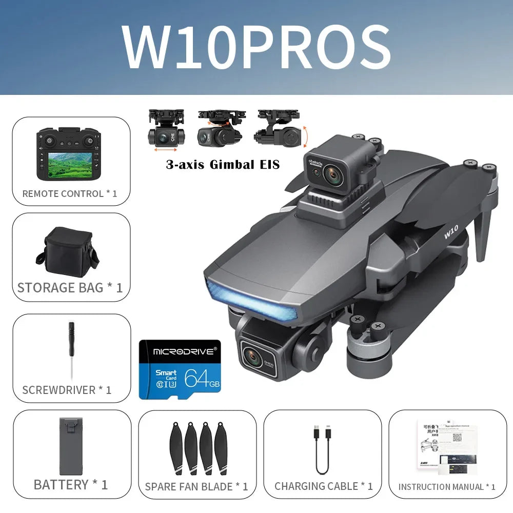 Drone W10 with 4.5 Inch Screen 3-Axis Anti-shake Gimbal Drones 4K Aerial Brushless RC Quadcopter 5G GPS 8K HD Cameras EIS Dron