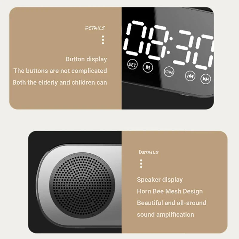 Alarm Clock Bluetooth Speaker, Digital Alarm Clock Radio with LED Mirror Display, Loud Alarm Clock for Heavy Sleepers