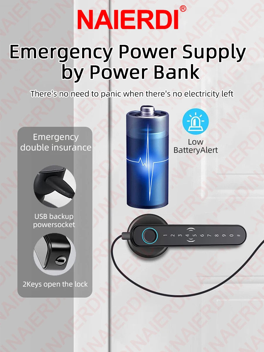 NAIERDI Smart Door Lock 5-1 Keyless Bluetooth Fingerprint Door Lock with Card Tuya APP Security Digital Door Lock with Handle
