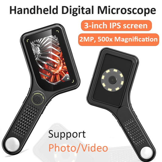 500X Digital Microscope 3-inch IPS Handheld Microscope Magnifier 2 Megapixel Magnifying Glass with 8Leds for Electronics Repair