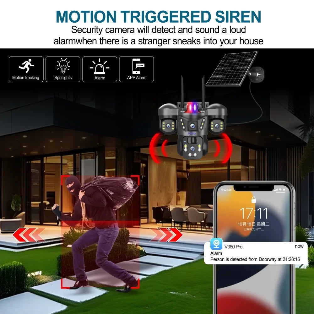 15MP 4K Solar Wifi Security Camera 3 Lens 3 Screens PTZ 10X Zoom Outdoor Wireless Secure 360 Auto Tracking Smart Home CCTV Cam