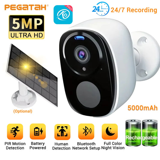 5MP Solar Security Camera 2.4G/5G WiFi Wireless Outdoor Color Night Vision Battery Powered Support PIR, Waterproof Two-Way Alexa