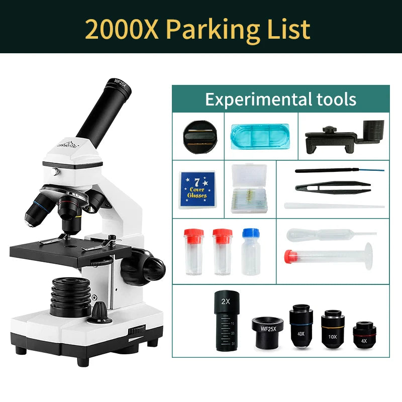 40X-2500X Microscopes for Kids Students Adults Powerful Biological Educational Microscopes with Slides Set Phone Adapter
