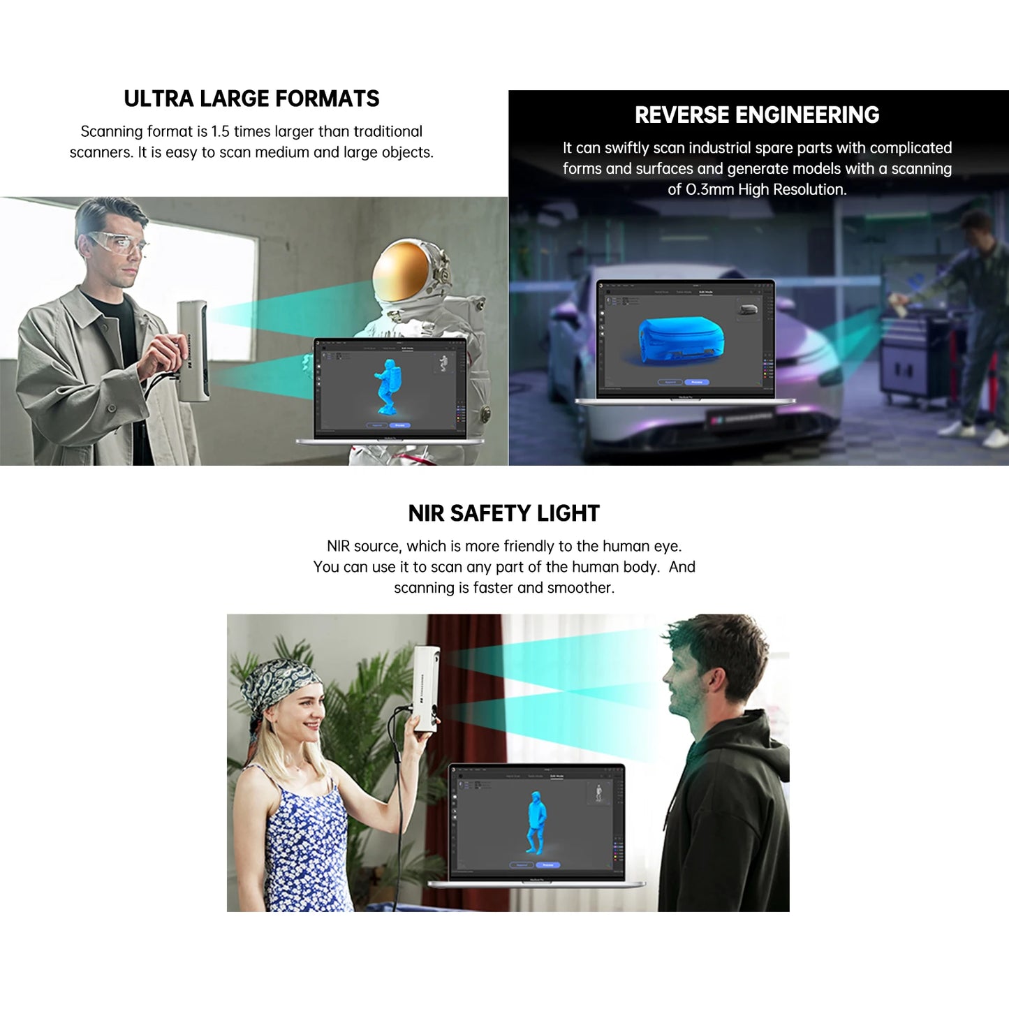 Scanner 3D com Objeto Preto, Digitalização Portátil em Grande Escala, Impressão 3D, Precisão 0,1mm, Digitalização 10FPS, Digital