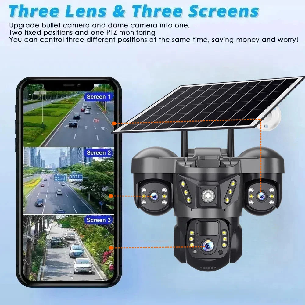 Solar Security Camera 4G Outdoor 3 Lens 3 Screen Color Night Vision 10X Zoom Cameras PIR Human Detect CCTV Security Protection