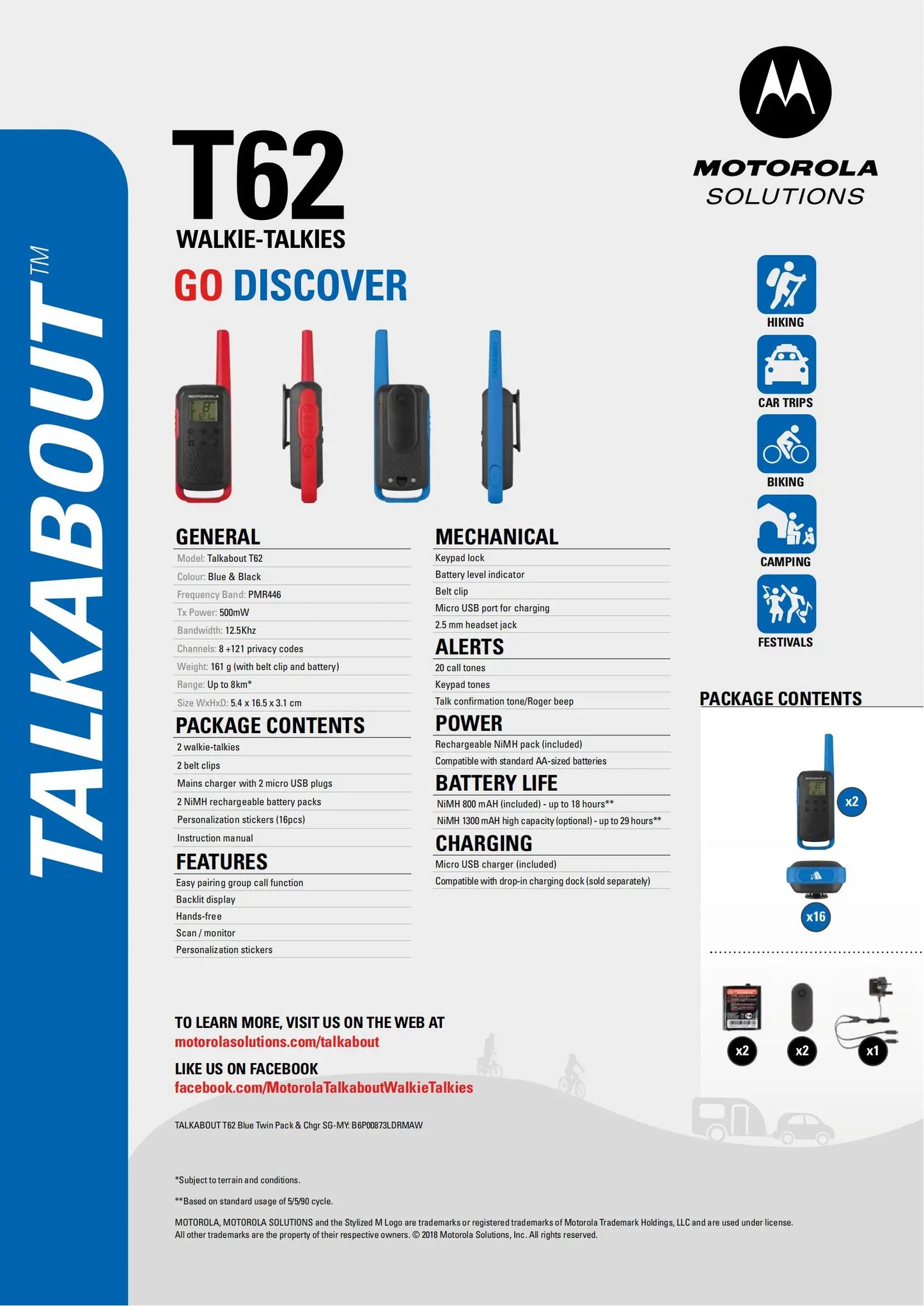 Motorola-T62 Go Walkie Talkie 16 Channels up to 8 km Range, No Call charges Outdoor adventures Travel