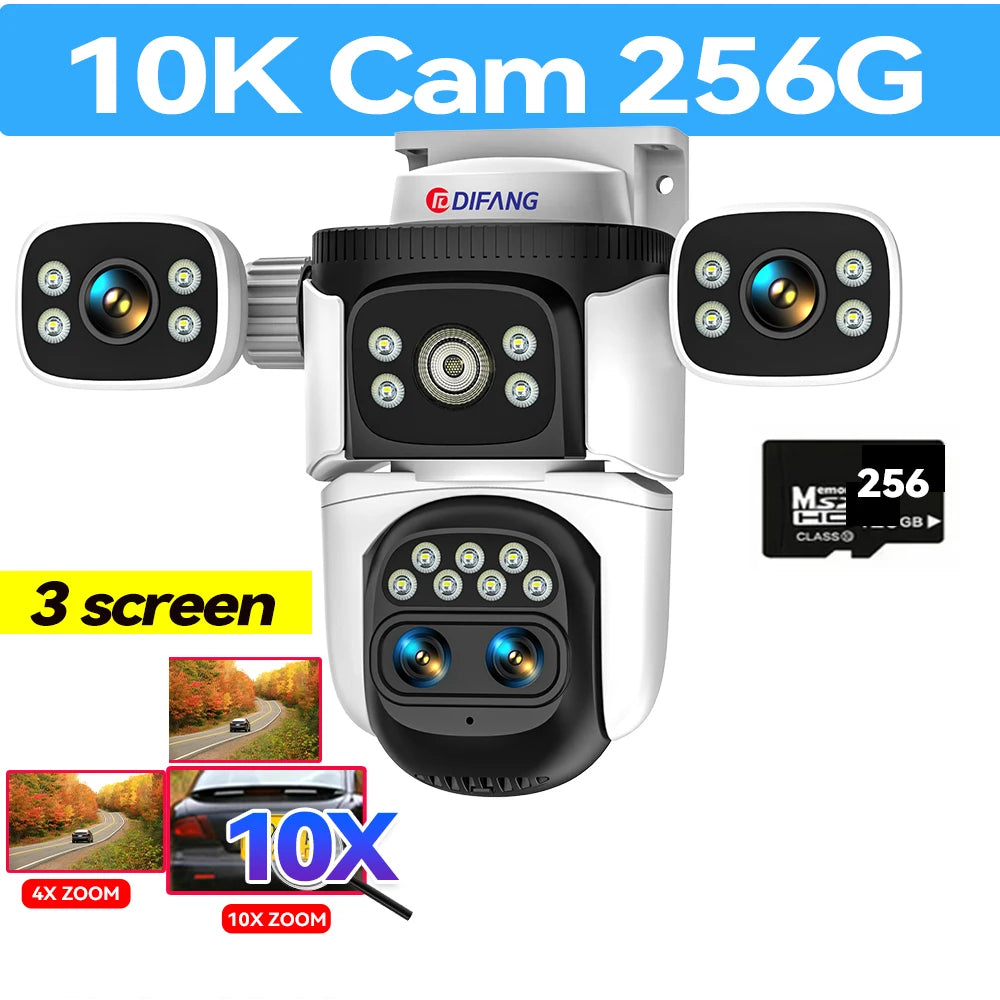 10K 20MP Three Screen Home Security WiFi Cam 360° PTZ 10X Zoom CCTV Wireless Surveillance IP Cam Security Protection Video Cam