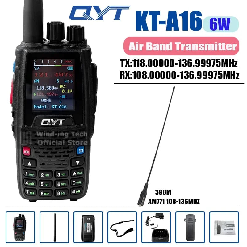 QYT KT-A16 Walkie Talkie 6W Air Band Transmitter VHF Transceiver 2000mAh NOAA Superheterodyne Circuit Aviation Portable Radios