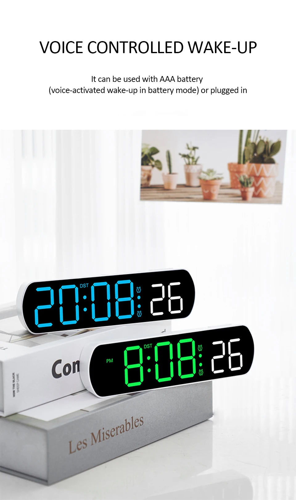 Voice Activated Multifunction Digital Alarm Clock LED Timer Clock 12/24H Temperature Date Display Desktop Alarm Clock Night Mode