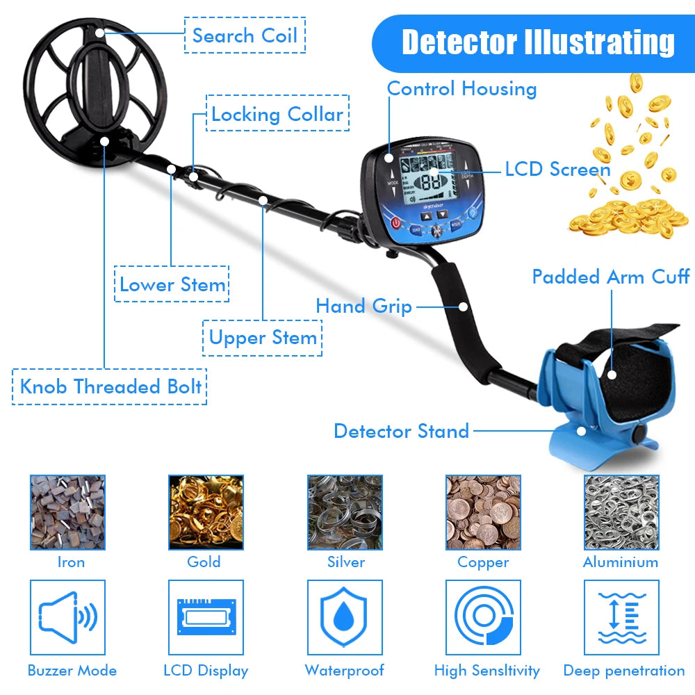 Metal Detector Underground Depth Search Finder Gold Detector Treasure Detecting Pinpointer Waterproof Coil