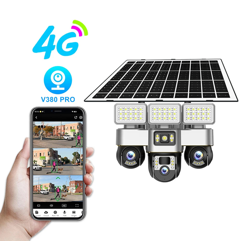 Solar Cameras 4G 15MP Three PTZs Len PIR Human Tracking Security CCTV Surveillance IP Camera PTZs control Wifi security cameras