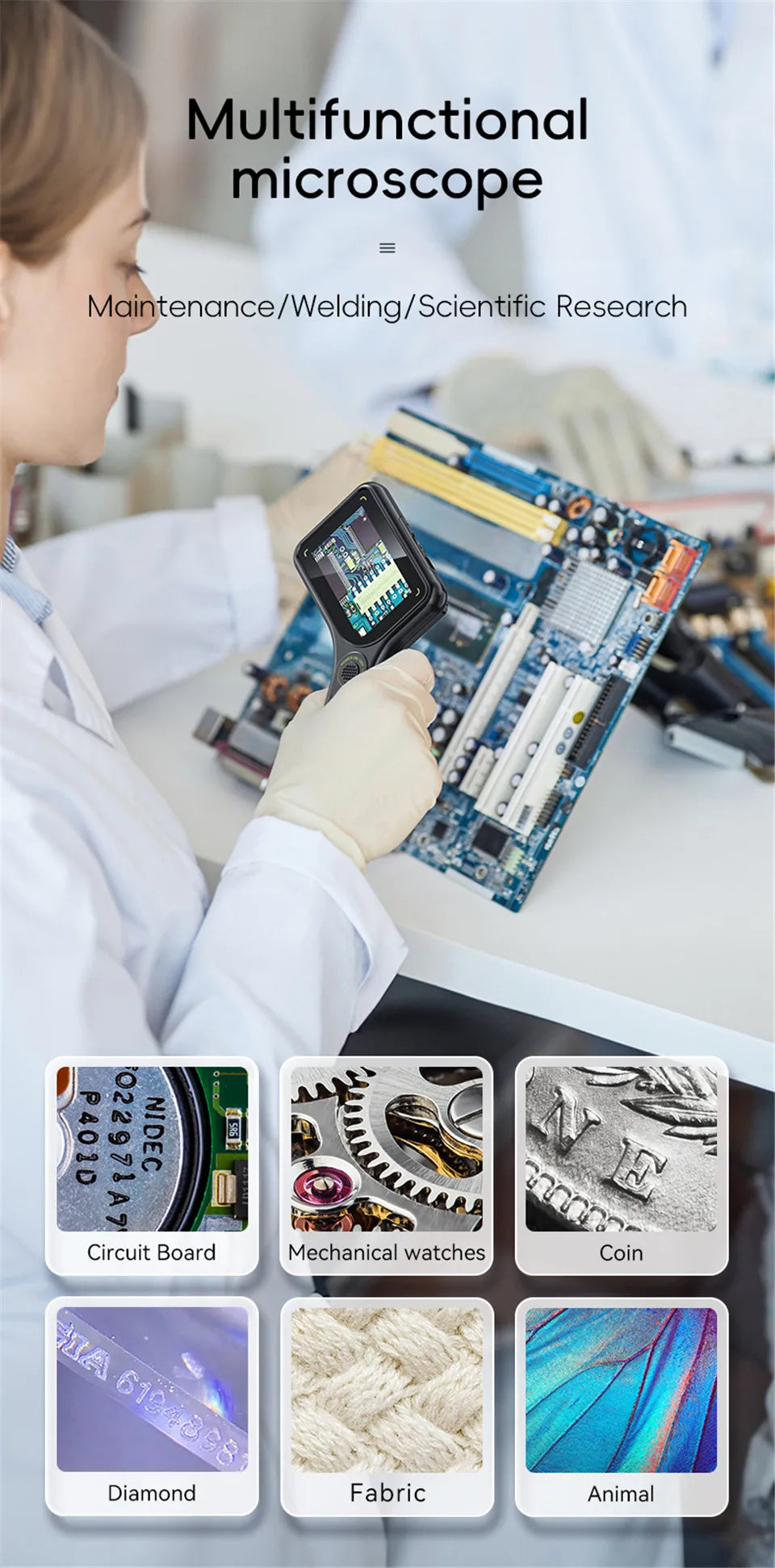 500X Digital Microscope 3-inch IPS Handheld Microscope Magnifier 2 Megapixel Magnifying Glass with 8Leds for Electronics Repair