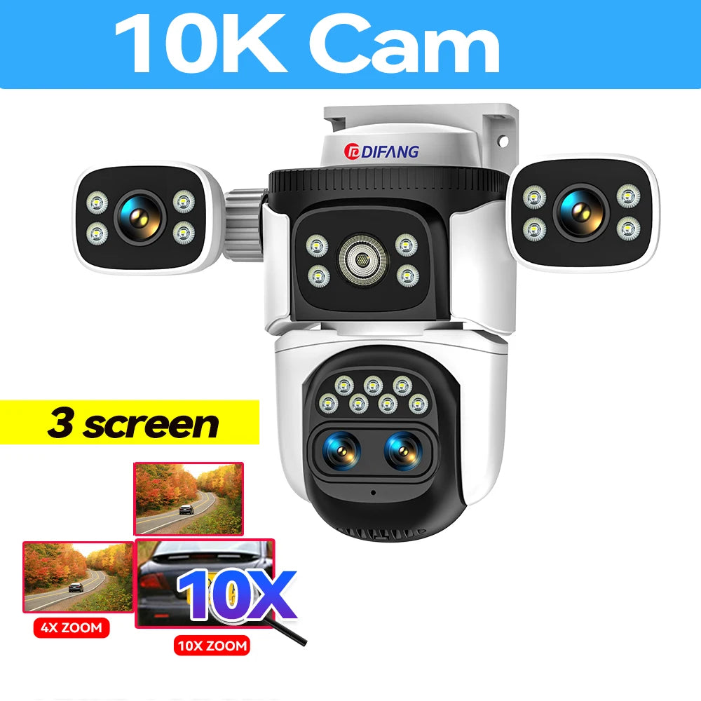 10K 20MP Three Screen Home Security WiFi Cam 360° PTZ 10X Zoom CCTV Wireless Surveillance IP Cam Security Protection Video Cam