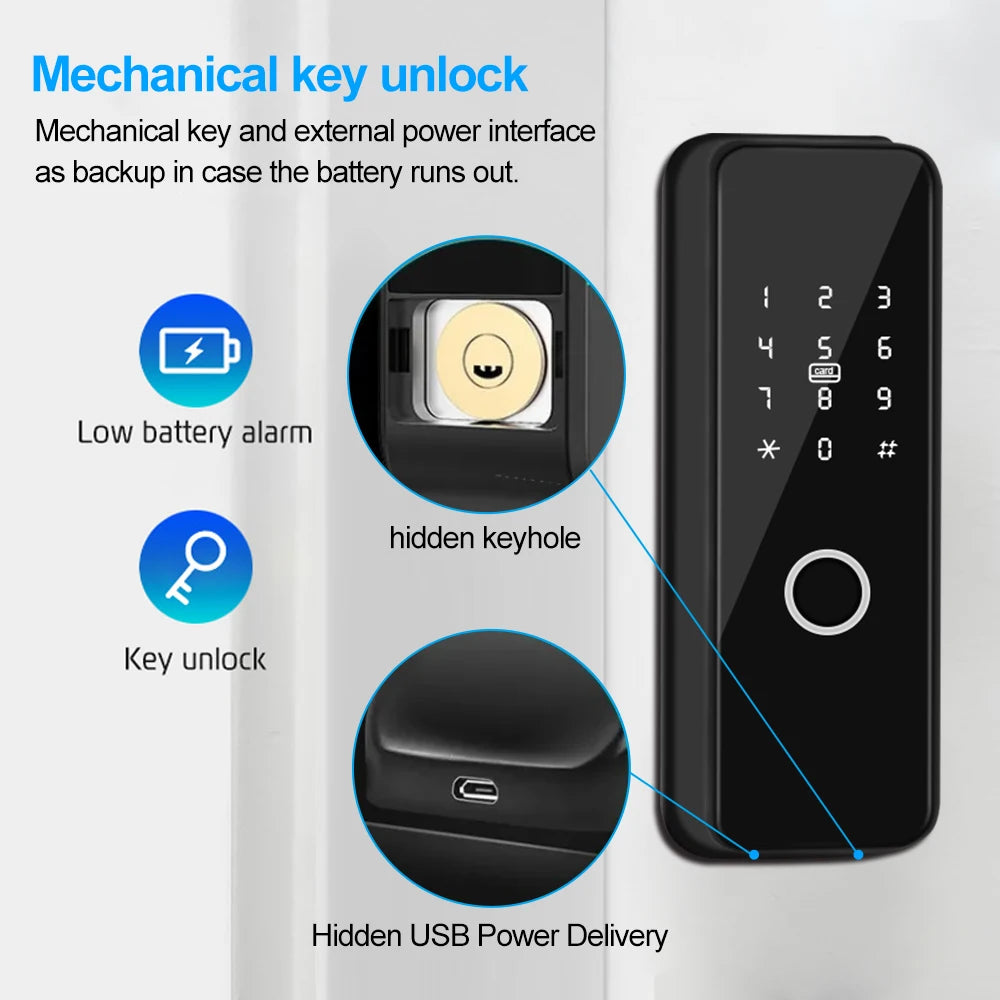 Outdoor Smart Fingerprint Door Lock: Waterproof, Bluetooth, Code, IC Card, Keyless Entry. Support TTLock WIFI Hub for glass door