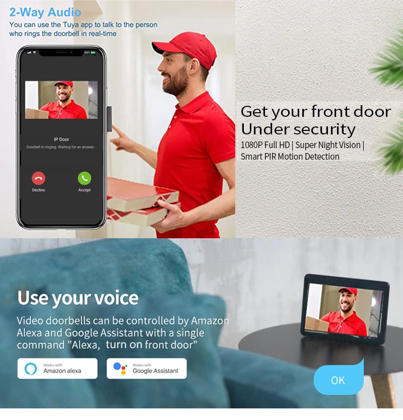 7 Inch Tuya Video Doorbell WiFi Outdoor Door Bell Waterproof IP65 Intercom Smart Home  Door Phone Camera