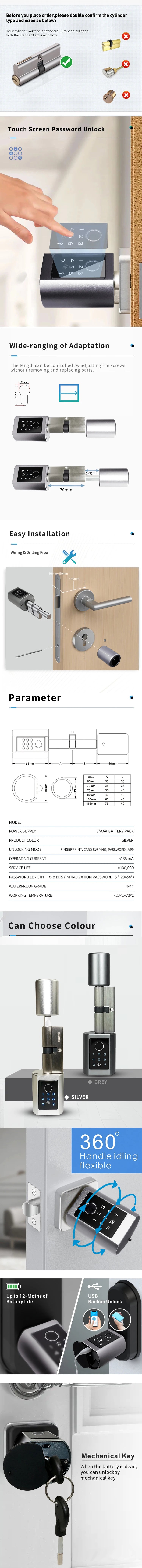 TTlock BLT APP Smart Cylinder Door Lock Bluetooth APP Waterproof Electronic Digital Password Card Mechanicak Key Unlock Home